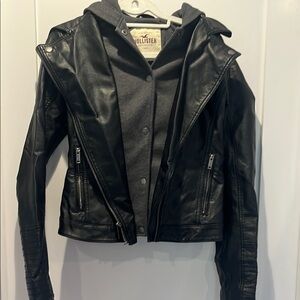 Hollister Black Leather Hooded Jacket